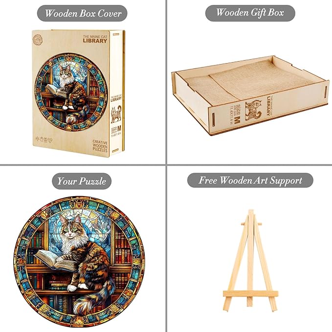 KAAYEE Wooden Puzzles for Adults-3D Visual Effect Maine Cat Library Wooden Jigsaw Puzzles Unique Shape Advanced Wood Puzzle Adults Fathers (8.5 * 8.5in 100pcs)