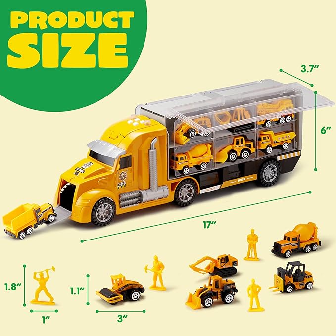 JOYIN 25 in 1 Die-cast Construction Play Vehicle Set, Vehicles with Sounds and Lights in Carrier Truck, Push and Go Car Toy, Kids Birthday Gifts for Over 3 Years Old Boys