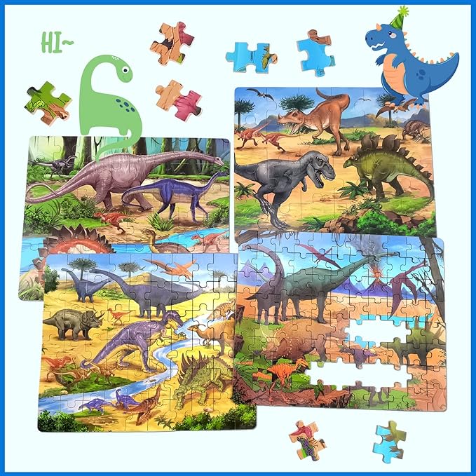Wooden Puzzles for Kids Ages 4-8, Dinosaurs 4-in-1 Jigsaw Puzzles in a Wood Storage Box, 24 48 60 88 Pieces Dinosaur Puzzles Toys for Toddlers Kids Ages 3 4 5 6