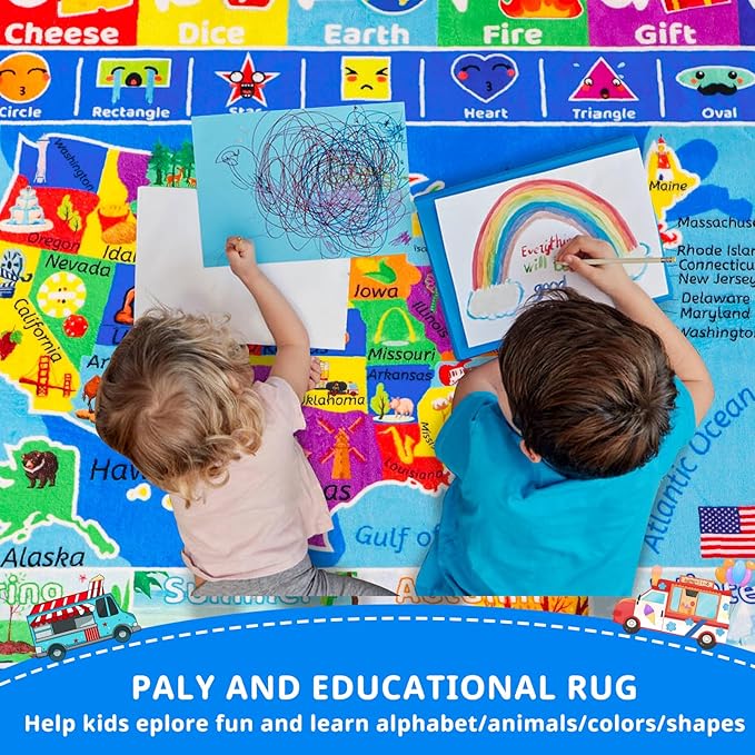 USA Map ABC Kid Rug for Playroom 78.7"×59" Classroom Play Rug Educational Baby Playmat Alphabet Rug State Symbols, ABC Letters, Numbers, Seasons&Shapes Fluffy Ployester Non-Slip Preschool Nursery Rug