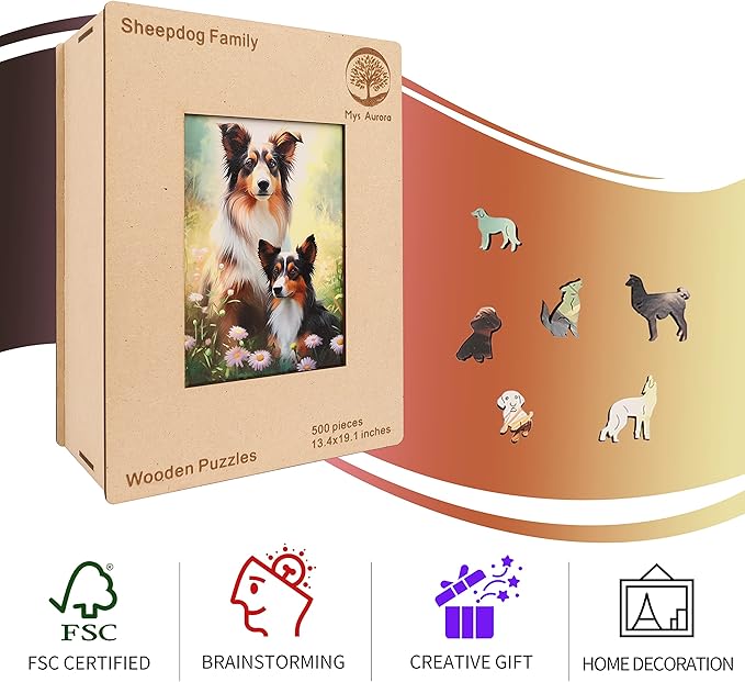 Unique Wooden Jigsaw Puzzles - Shetland Sheepdog, 200 Pcs Medium Size 8.9'' x 12.6'', Luxurious Animal Shaped Wood Puzzle, Beautiful Package, Best Gift for Adults