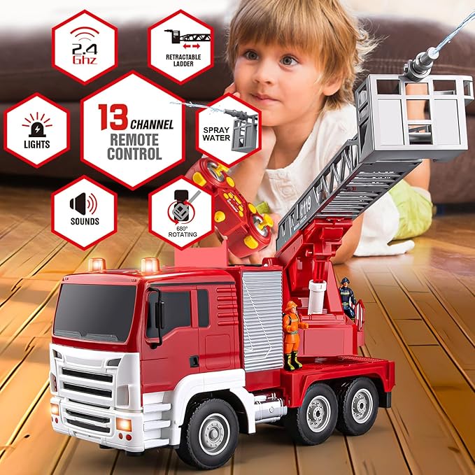 13 Channel RC Fire Truck Toy, 2.4G Large Remote Control Firetruck with Lights, Siren Sounds, Water Spraying, RC Car for Kids Boys 16.5"
