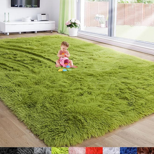 Amdrebio Grass Green Area Rugs 8x10 for Living Room Bedroom, Large Shag Fluffy Plush Rugs for Kids Room Baby Nursery Decor, Moss Fuzzy Fur Modern Floor Rug for Teen Boys, Shaggy Fuzzy Cool Big Carpet