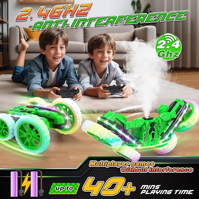 Remote Control Car,RC Cars with Sides Light and Headlights,360°Rotating 4WD Spray RC Stunt Car,2.4Ghz All Terrain Toy Car for Boys Age 4-7 Kids Toy for 8-12 Boys Girls Birthday Gift(Green)