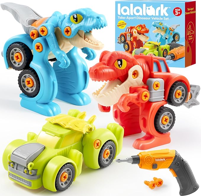 Dinosaur Toys, 3 Pack Take Apart Dinosaur Playset with Electric Drill, Transforming Construction Building Toys, Two-Way Switch, Play Cars for Boys Girls Kids, Christmas Birthday Gifts for Kids