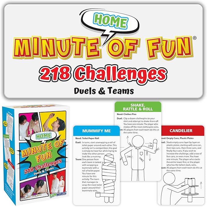 Funwares Minute of Fun Game - Minute to Win It Games for Kids, Adults, Teens, Families, Game Night, Gift for Home, Birthdays, or Travel. 2-12 Players! Home Edition, 218 Challenges!