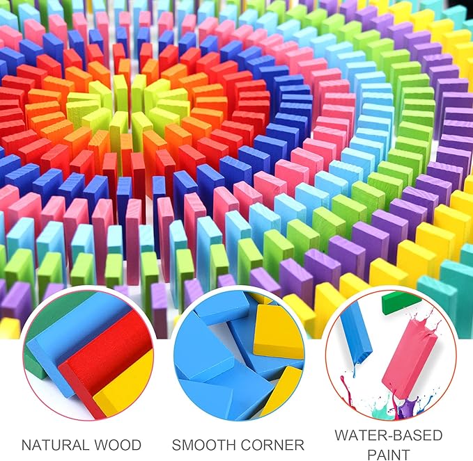 WOOD CITY 1000 Piece Dominoes Set for Kids with Extra 20 Blocks, Colorful Dominos Tiles for Building, Stacking, Racing, Tumbling, Wood Domino with Storage Bag and Box, Educational Toy