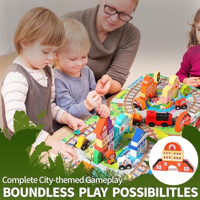 Wooden Take-Along Tabletop Railroad, Wooden Train Sets for Kids Ages 3+