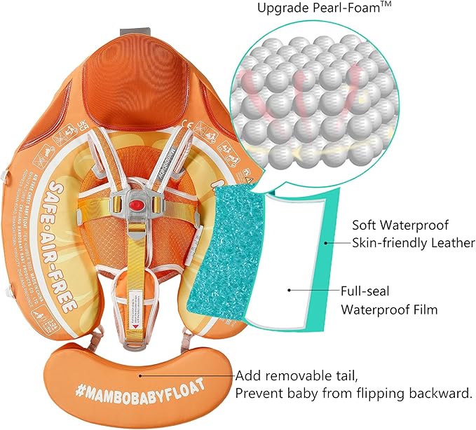 Mambobaby Float Add Tail Baby Swim Float with Canopy Solid Pool Infant Swim Trainer Swimming Training Lying Air Free Water Floats Non-Inflatable Waist Swim Ring for Toddlers (Orange)