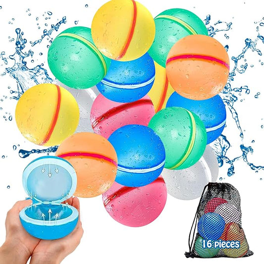 Reusable Water Balloons for Kids – 16 Pack | Quick-Fill, Refillable Water Balloons for Endless Summer Fun | Soft, Durable Magnetic Water Balloons for Outdoor Activities & Backyard Water Fights