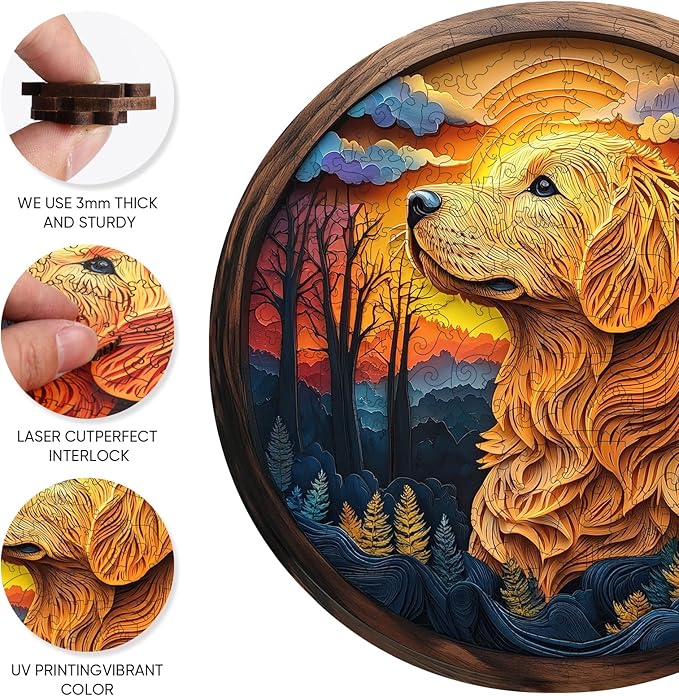 Wooden Puzzle for Adults - 3D Golden Retriever Wooden Jigsaw Puzzles 200 Piece, Unique Shaped Animal Challenging Puzzles, Exquisite Packaging, Best Gift for Family Friends11.2x11.2 in