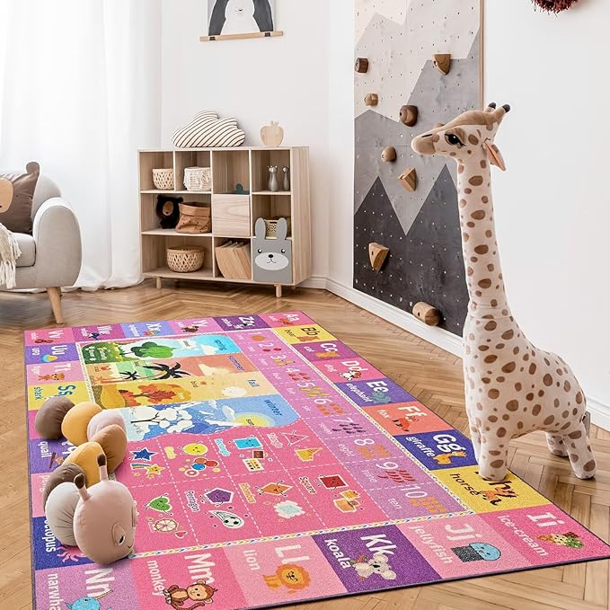 ABC Kids Rug for Playroom, 4x6 Pink Purple Washable Classroom Area Rugs, Toddler Educational Play Mat with Alphabet Numbers Seasons Shapes, Learning Fun for Preschool Children