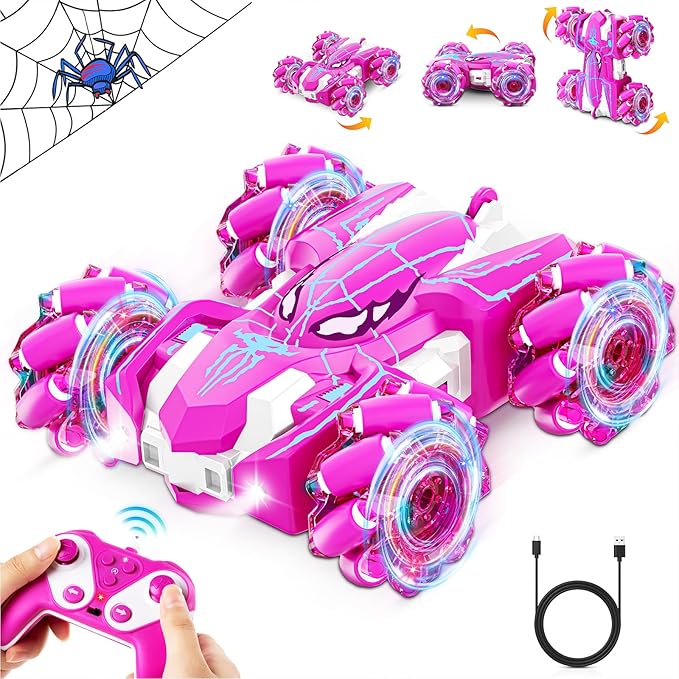 Remote Control Car for Girls, Rechargeable RC Cars Toys with Cool Lights, 2.4Ghz Double Sided Drift RC Stunt Cars, 360°Rotating 4WD Off-Road Race Car for 4-6 6-12 Girl Kids Gifts