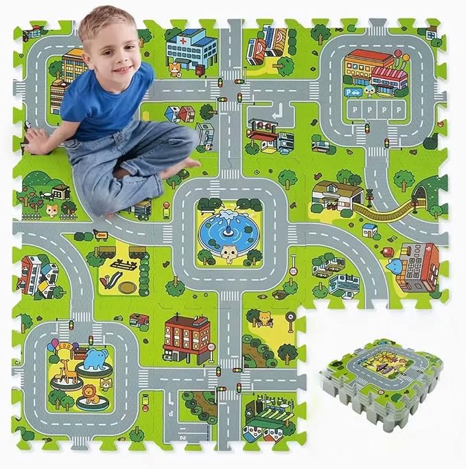 Skyweaver Traffic Play mat Puzzle Foam Interlocking Tiles – Kids Road Traffic Play Rug - Children Educational Playmat Rug - Great for Playing with Toy Cars Trucks (9Pcs)
