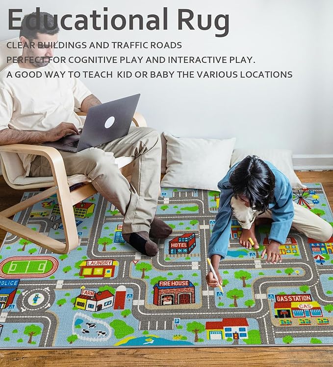 Educational Road Traffic Carpet Kids Carpet Playmat Car Rug Fun City Life Map Kids Car Rug Non Slip Play Carpet for Children Playroom Bedroom Classroom Decor (Sky Blue, 5'2''x3'3'')