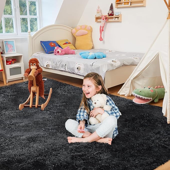 Ultra Soft Rug for Living Room,Black Fluffy Shag Area Rug for Bedroom, Modern Shaggy Carpets Fuzzy Rug for Kids Boys Girls Dorm Nursery Home Decor Aesthetic, Upgrade Anti-Skid Durable, 3X4