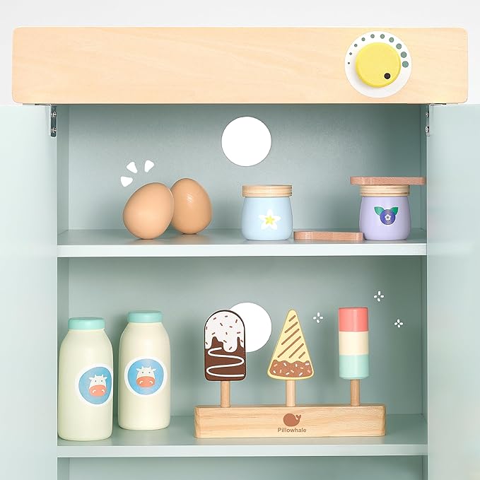 Pillowahle Wooden Play Food for Kids Kitchen, Play Kitchen Accessories, Toy Food Fake Milk, Yogurt, Egg, Ice Cream, Birthday Gift for Boys & Girls 3+