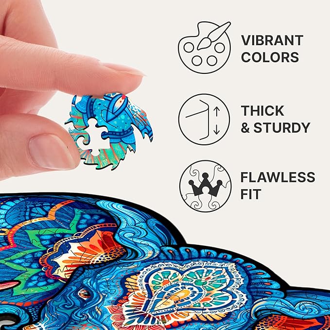 UNIDRAGON Original Wooden Jigsaw Puzzles - Eternal Elephant, 299 pcs, King Size 16"x12.3", Beautiful Gift Package, Unique Shape Best Gift for Adults and Kids