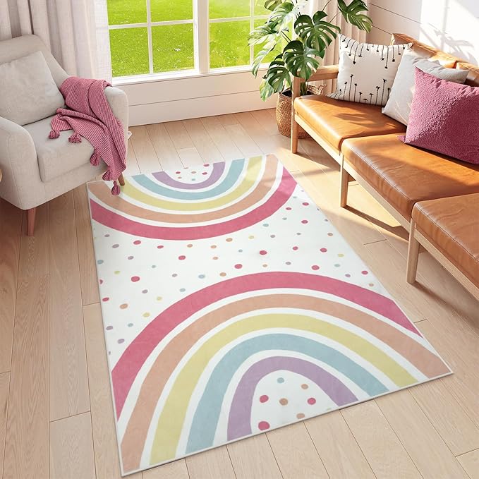 STARUIA Washable Rainbow Area Rug for Girls Bedroom, Colorful 4x6 Nursery Kid Room Rug, Non-Slip Soft Polka Dot Carpet for Classroom Playroom Tent Castle