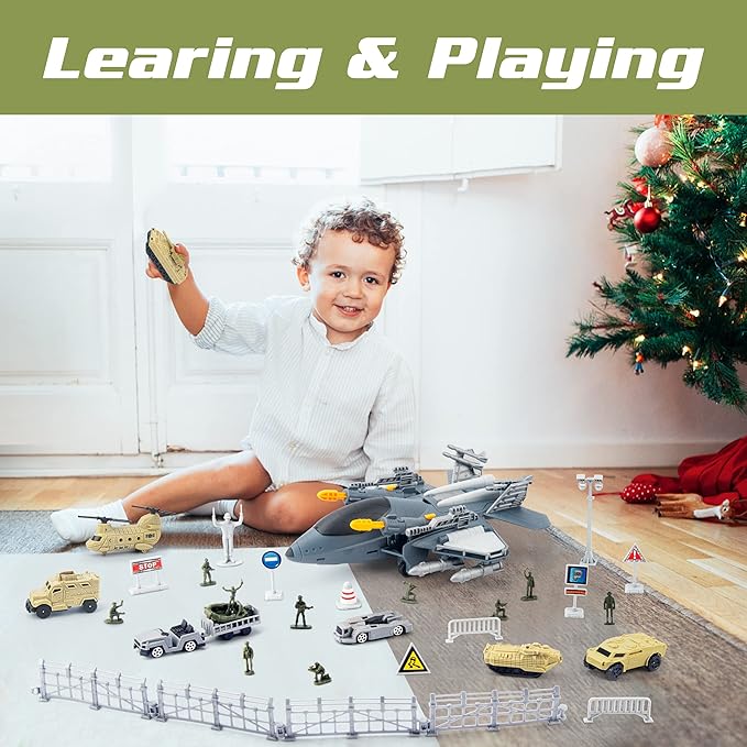 Military Fighter Jet Toys, Army Airplane Toys with 7 Vehicles Trucks Helicopter Army Men, Decorate & Launch The Missile, Birthday for Boys Girls