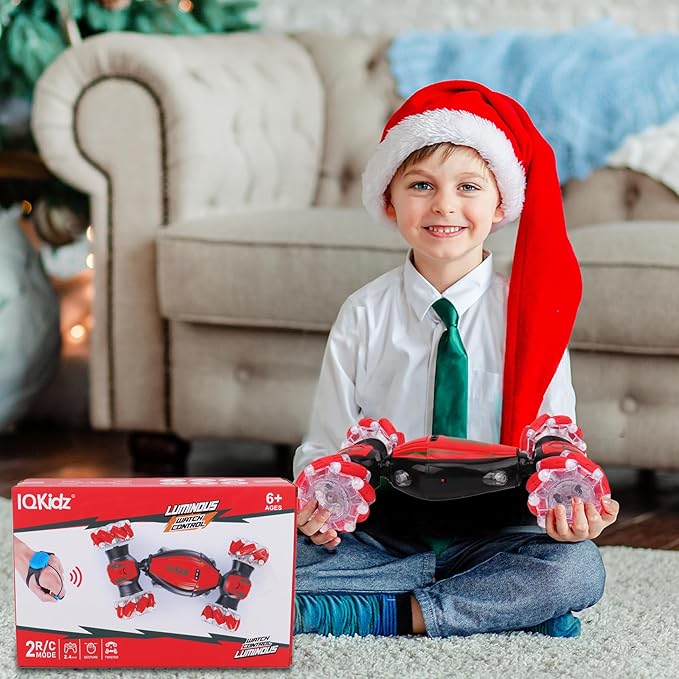 Gesture Sensing RC Stunt Car - Christmas Red, Best Birthday Gifts for Kids 6-12, Hand Remote Control Double Side Twist Cars Toys with Light Music, 4 WD Drift Off Road for Rotation