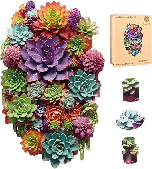 Succulent Waterfall Wooden Puzzles, 200 Pieces Jigsaw Puzzles 12.6'' x7.8'', Unique Design Liberty Wooden Puzzles for Adults and Kids, Family Game Gift Medium Size