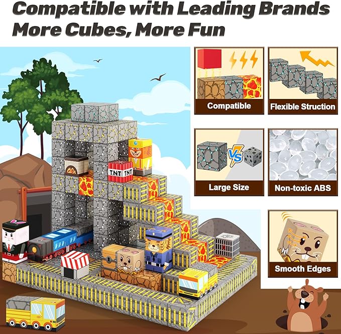 Magnetic Blocks - Build Mine Magnet World Mine Train Track Set, Magnetic Building Blocks Toddler Toys STEM Sensory Outdoor Toys for 3+ Year Old Boys & Girls, Kids Toy for Ages 4-6 6-8 5-7
