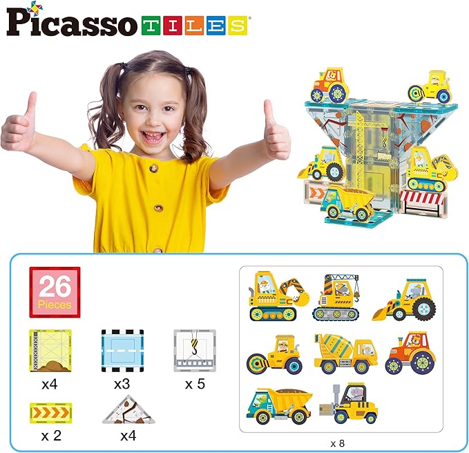 PicassoTiles Magnet Tile Building Blocks Printed Construction Themed Toy Set with 8 Character Action Figure Vehicles Magnetic Tiles STEM Brain Development Learning Toys for Toddlers Kids Ages 3+ PTQ21