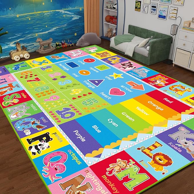 ABC Carpet, Kids Rugs for Playroom, Educational Play Mat for Kids, Preschool Rugs with ABC, Numbers, Animals Learning Carpet for Bedroom Playroom Classroom Baby Toddler Children (Green, 59X39.4 INCH)