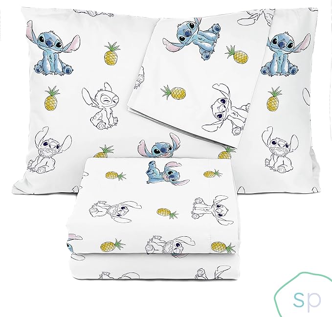 Saturday Park Disney Lilo & Stitch Watercolor Vibes Full Sheet Set - 4 Piece 100% Organic Cotton Sheets - GOTS & Oeko-TEX Certified (Disney Official)