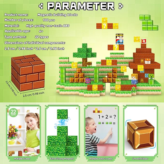 Magnetic Blocks Toys, 100PCS Magnetic Building Toys Based on The Game Super Plumber, STEM Magnets Sensory Toys for Kids, Magnetic Building Blocks Suitable for Boys Girls 4+ (Green)