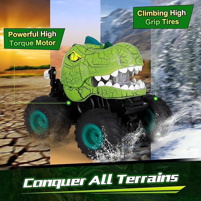 Remote Control Car for Boys Age 4-7 8-12, 50min+ Runtime Dinosaur Monster Truck Toy with Spray, Light, Music, 360 Rotating, 90 Driving, All Terrain Dinosaur Toy for Kid Birthday Gift