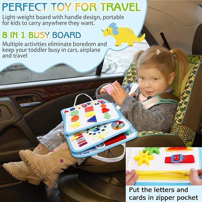 Esjay Toddler Busy Board Montessori Toys, Sensory Board Educational Activities for Learning Fine Motor Skills, Gifts for Girls Boys Toddlers, Travel Toys for Airplane Car,White Dinosaur
