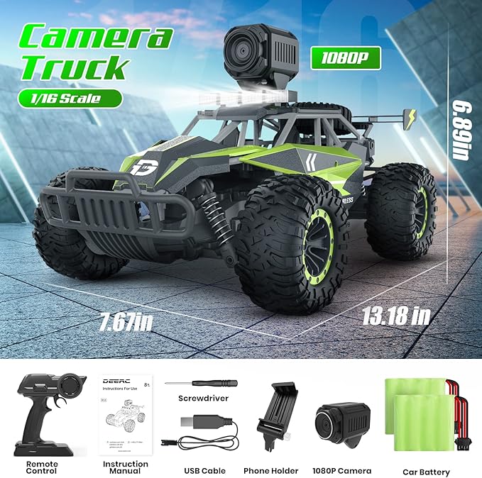 DEERC DE65 Remote Control Car with 1080P HD Camera,1:16 Scale RC Cars with LED Chassis Light&Headlights, 2.4Ghz High Speed Monster Truck Toy Vehicle, 2 Batteries for 60 Mins Play, Gift for Kids Boys