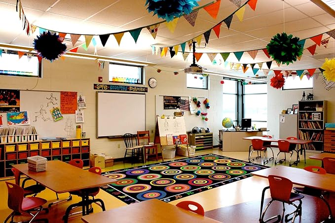 HUAHOO Small Classroom Rug Black Elementary Preschool Learning Carpet Seating Rug for Kids Room with Non-Slip Backing, 5' x 7'6", Rainbow Circles Black