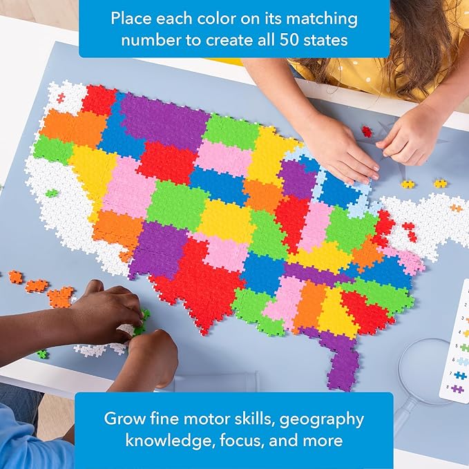 PLUS PLUS - Puzzle by Number - 1,400 Piece Map of The United States - Construction Building Stem/Steam Toy, Interlocking Mini Puzzle Blocks for Kids