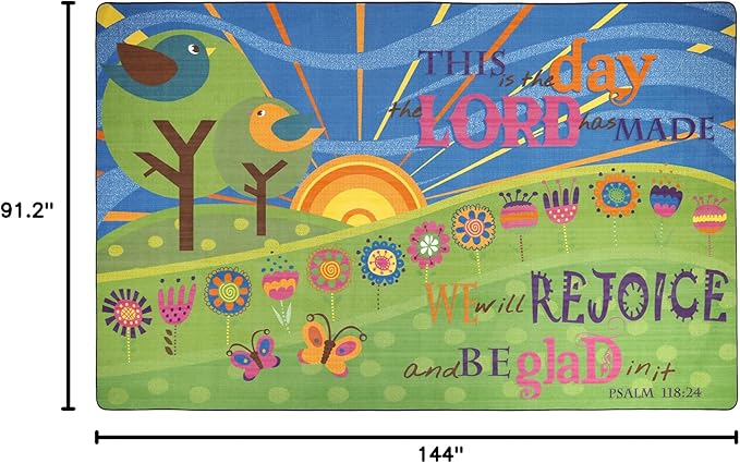 Flagship Carpets This is The Day The Lord Has Made Bible Worship Inspirational Multicolor Rug for Children's Classroom Carpet or Daycare Activity Area, 7'6" x 12', Rectangle