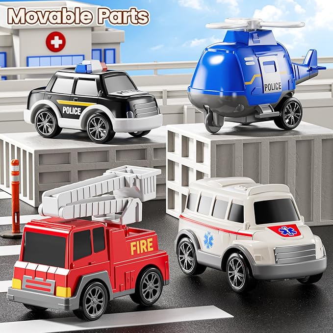 5-in 1 Play Ambulance Toy Vehicle Toddler Truck Toys for 3 4 5 6 7 Year Old Boys - Friction Powered Cars with Light and Sound, Police Car, Fire Truck, Ambulance Car, Birthday Gifts for Kids
