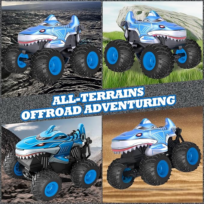 Monster Truck Toy, Shark Remote Control Car, 2.4Ghz Rchargeable Rc Truck with Music,Lighting Effect,360° Rotating Stunts RC Car Toy for Kids 3-5 6 7 8-12