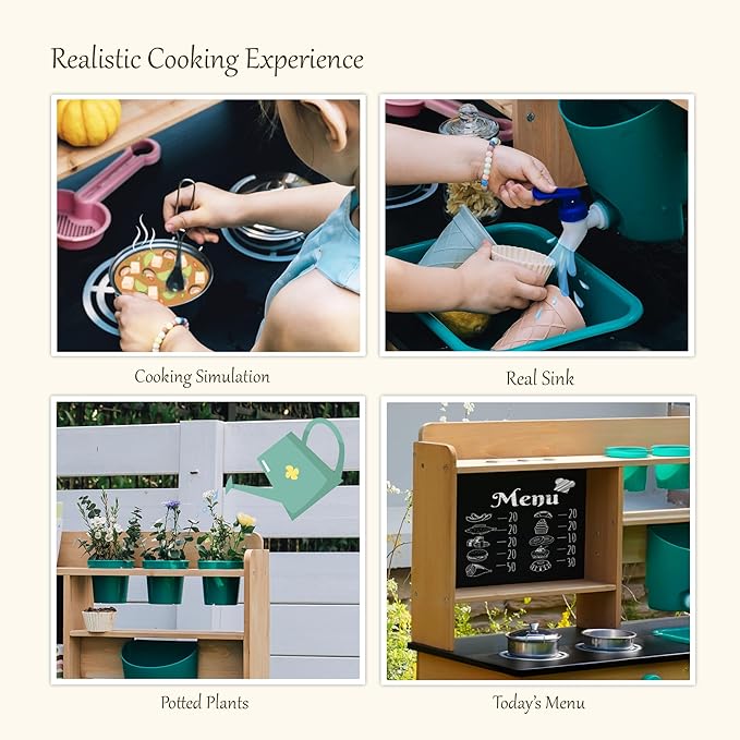 Mud Kitchen for Kids Outdoor – Wooden Pretend Play Kitchen Set with Realistic Stove, Sink & Gardening Tools | Montessori Learning Playset Toy for Toddler Ages 3+