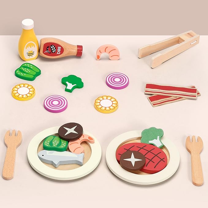 Wooden Play Food for Kids Kitchen - 24 Pcs Montessori Pretend Play Kitchen Accessories, Educational Learning Toys with Toy Fruits, Vegetables & Meat, Gift for Boys Girls Ages 3-6