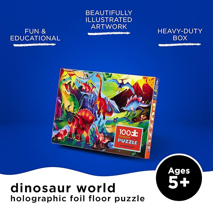 Crocodile Creek 100-Piece Jigsaw Puzzle for Kids Ages 5 and Up - Fun and Educational Table or Floor Holographic Foil Puzzle - Heavy-Duty Box for Storage - Dinosaur World - 24" x 18" Finished