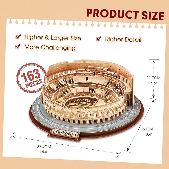 CubicFun 3D Puzzles for Adults Kids New Version Italy Rome Colosseum Jigsaw Puzzle DIY Building Model Kit Easter Gift for Boys Girls Age 10+, 163 Pieces Puzzles for Kids Ages 8-10 Dad's Gift