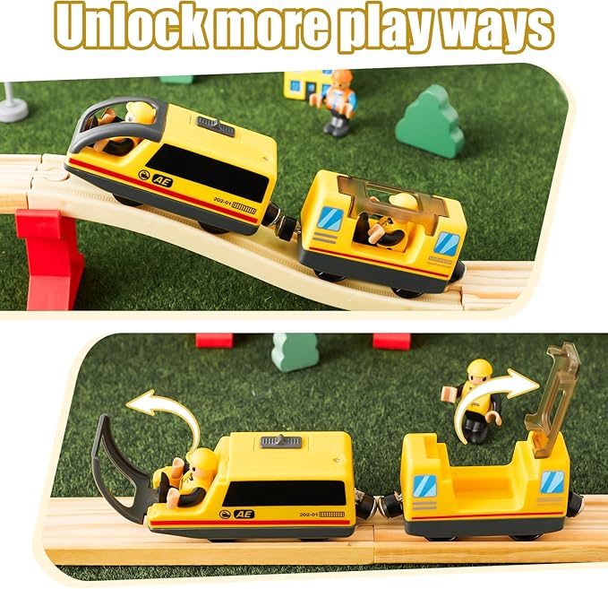 Electric Train Set Toys Wooden Magnetic Cars - Locomotive Auto Forward/Backward/Park, Gift for 3 4 5 6 Year Old Toddlers Kids Boys Truck Trains Toy, Compatible with Common Wooden Train Tracks