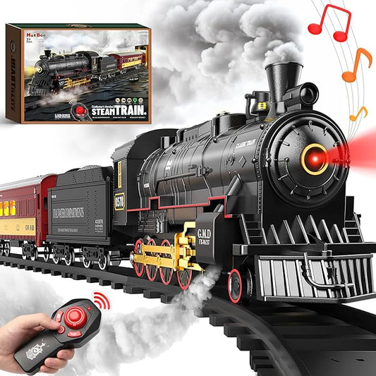 Hot Bee Train Set for Boys,Remote Control Christmas Train Sets w/Steam Locomotive,Light Passenger Cars & Tracks,Trains Toys w/Smoke,Whistle & Lights,Christmas Toys Gifts for 3 4 5 6 7 8+ Year Old Kids