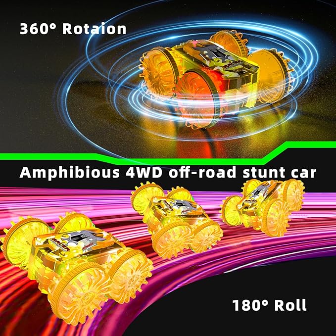 Amphibious Remote Control Car,RC Cars Toys for Kids Ages 6-12,Double-Sided Driving 360° Flips Rotating Car Toy RC Gesture Stunt Boat with LED Lights,Water Beach Pool Toys for Boys Girls (Orange)