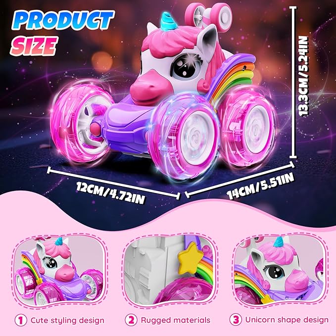 Unicorn Remote Control Car Toys for Girl - 360° Rotating Pink RC Stunt Cars 4WD Remote Cars for Kids, 2.4GHz Toy Car USB Direct Charging with LED Lights, Birthday Gift for 3 4 5 6 7 8 9 Year Old Girl