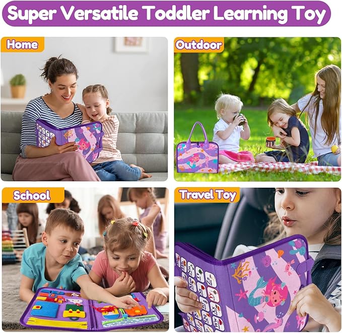 Qizfun Busy Board Montessori Toys for 1 2 3 4 Year Old, Educational Sensory Preschool Learning Toys for Toddlers 1-3, Car & Airplane Travel Activities Toys for Kids Ages 2-4, Girl Birthday Gift