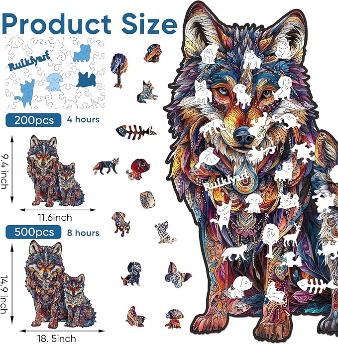 Wolf Family 200 Pieces Wooden Jigsaw Puzzles for Adults with Unique Irregular Shape Fun Challenging Animal Puzzles for Kids and Couples on Birthday,Children’s Day,Christmas 9.4"*13"