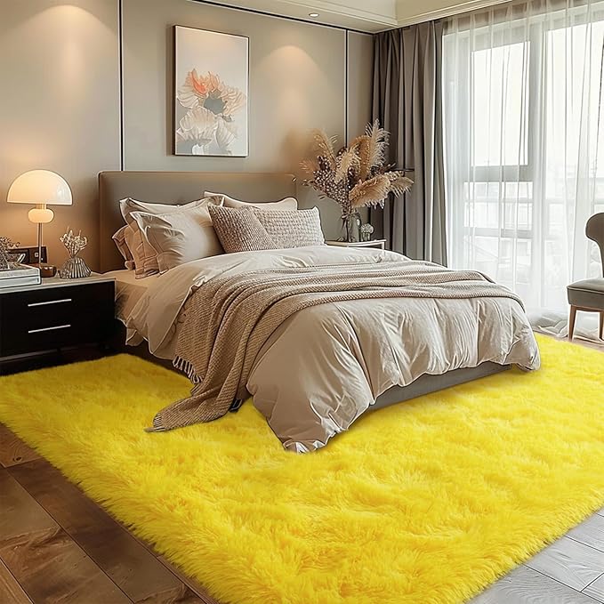 Super Fluffy Area Rug for Bedroom, Modern Shag Yellow Area Rugs, Soft Plush Small Carpet for Kids,Girls Boys and Teens Decorations for Living Room Dorm Nursery Classroom, 5x7 Feet